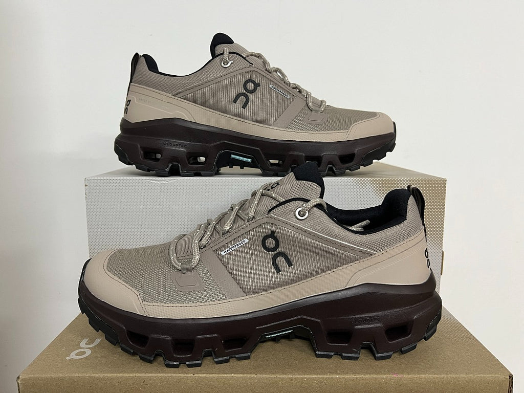 On Cloudrock Low Waterproof Hiking Shoes in Taupe / Beige