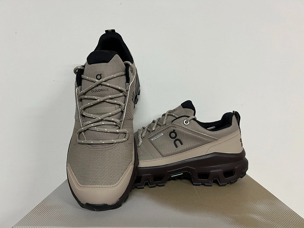 On Cloudrock Low Waterproof Hiking Shoes in Taupe / Beige