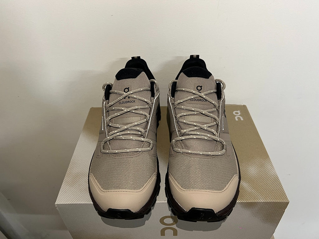On Cloudrock Low Waterproof Hiking Shoes in Taupe / Beige
