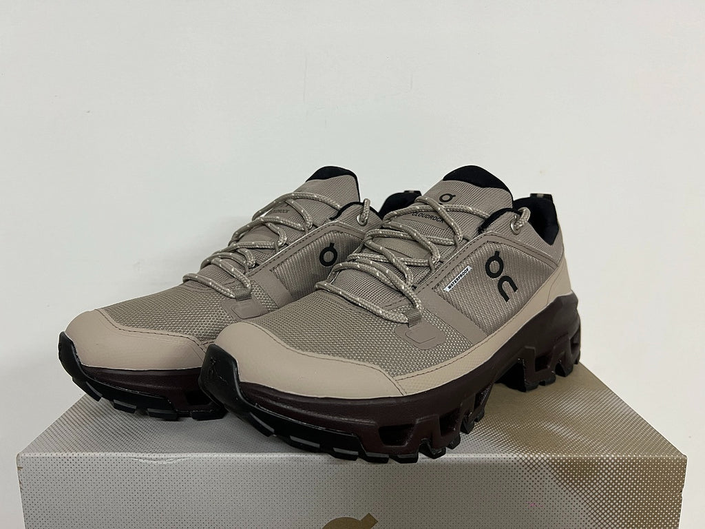 On Cloudrock Low Waterproof Hiking Shoes in Taupe / Beige