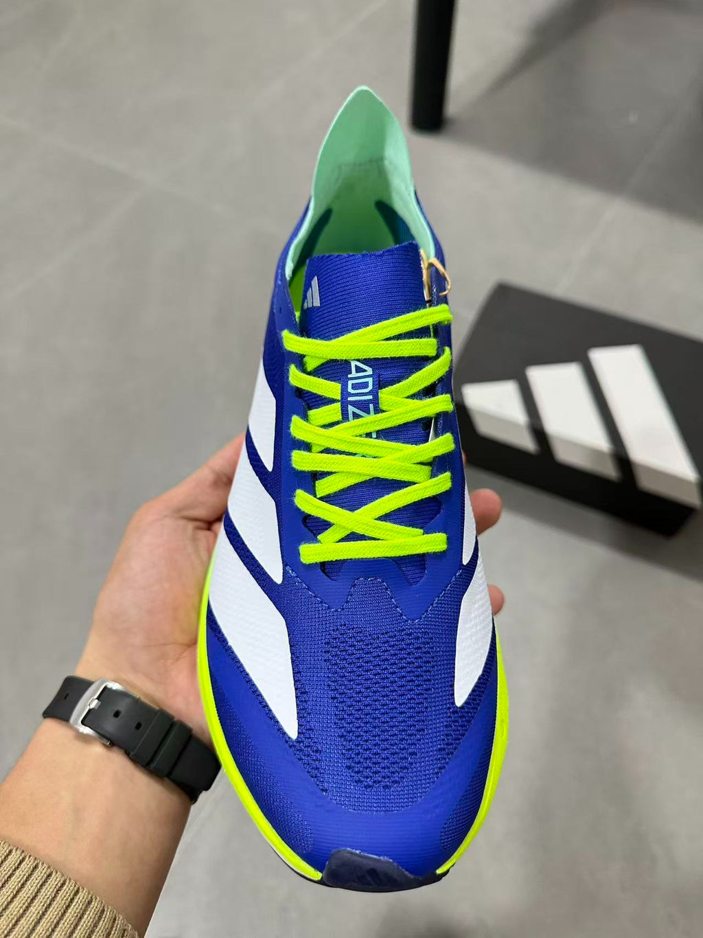 Adidas ADIZERO DRIVE RC (Royal Blue / Zero Metallic / Lucid Lemon colorway)