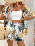 European and American Spring/Summer/Autumn New Style Random Print Random Cut Short Sleeve Cardigan Top + Shorts Elegant Casual Women's Set (Excluding Straps)