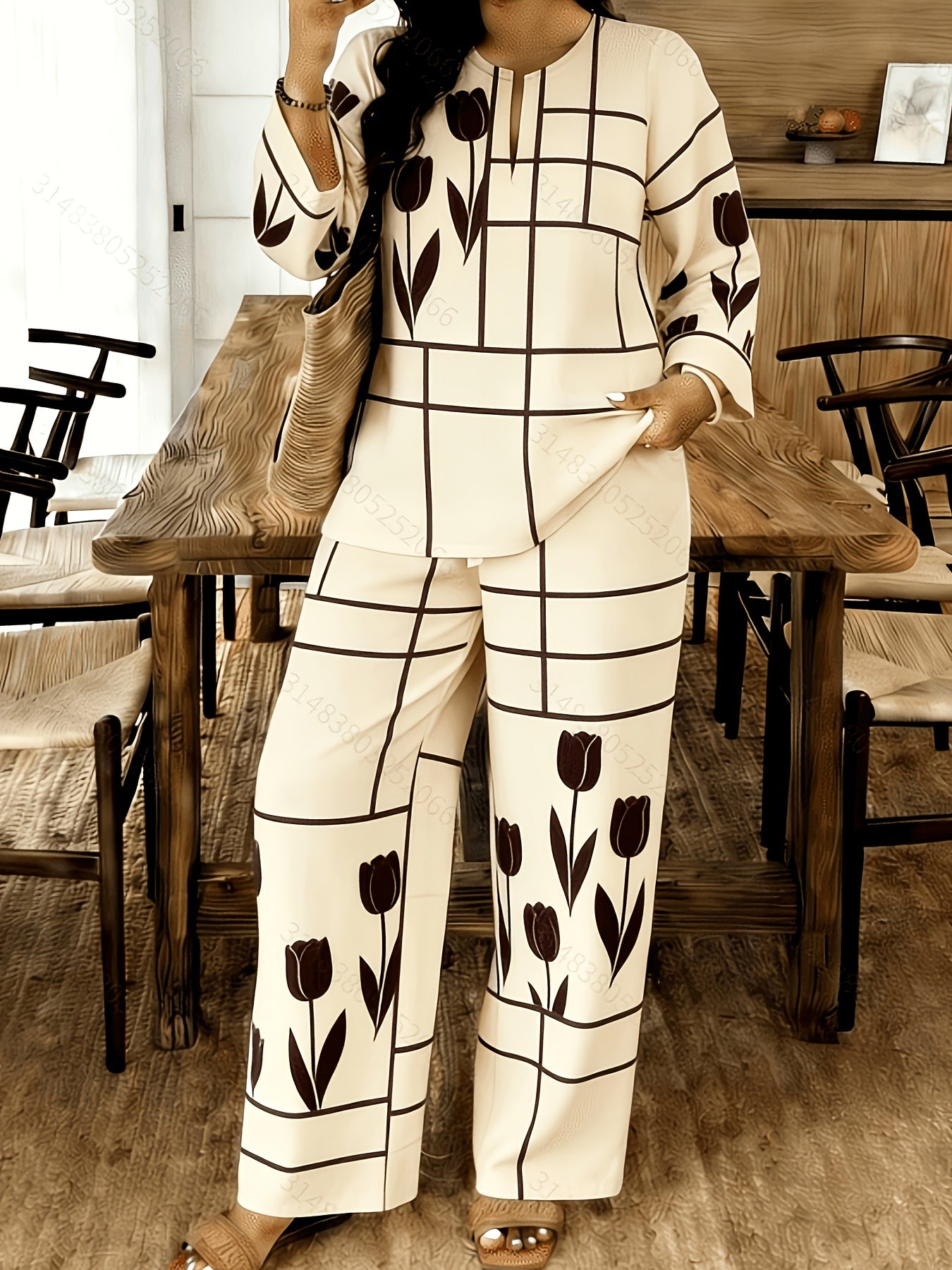 Women's Bohemian Print Long Sleeve Top and Wide-Leg Pants 2pcs Set- Casual Vacation Streetwear- Comfortable Loose Waist-Cinching Pants and Wide-Leg Pants Combination- Suitable for Beach, Daily Casual, and Relaxed Style Outfits