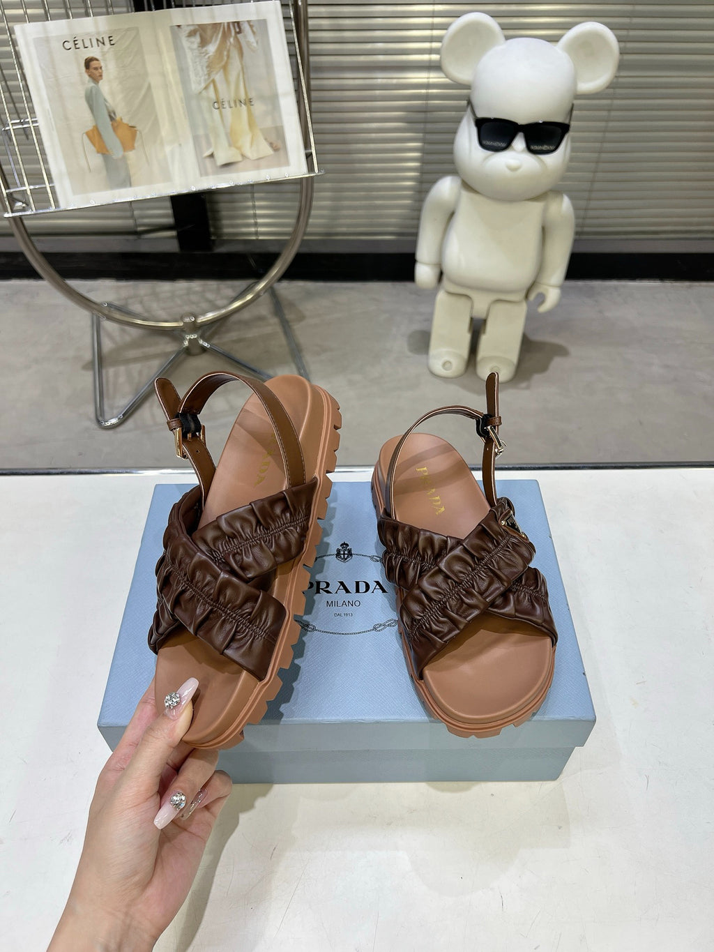 Women Dark Brown Ruched Cross Strap Platform Sandals Triangle Gold Logo Adjustable Ankle Buckle Casual Shoes
