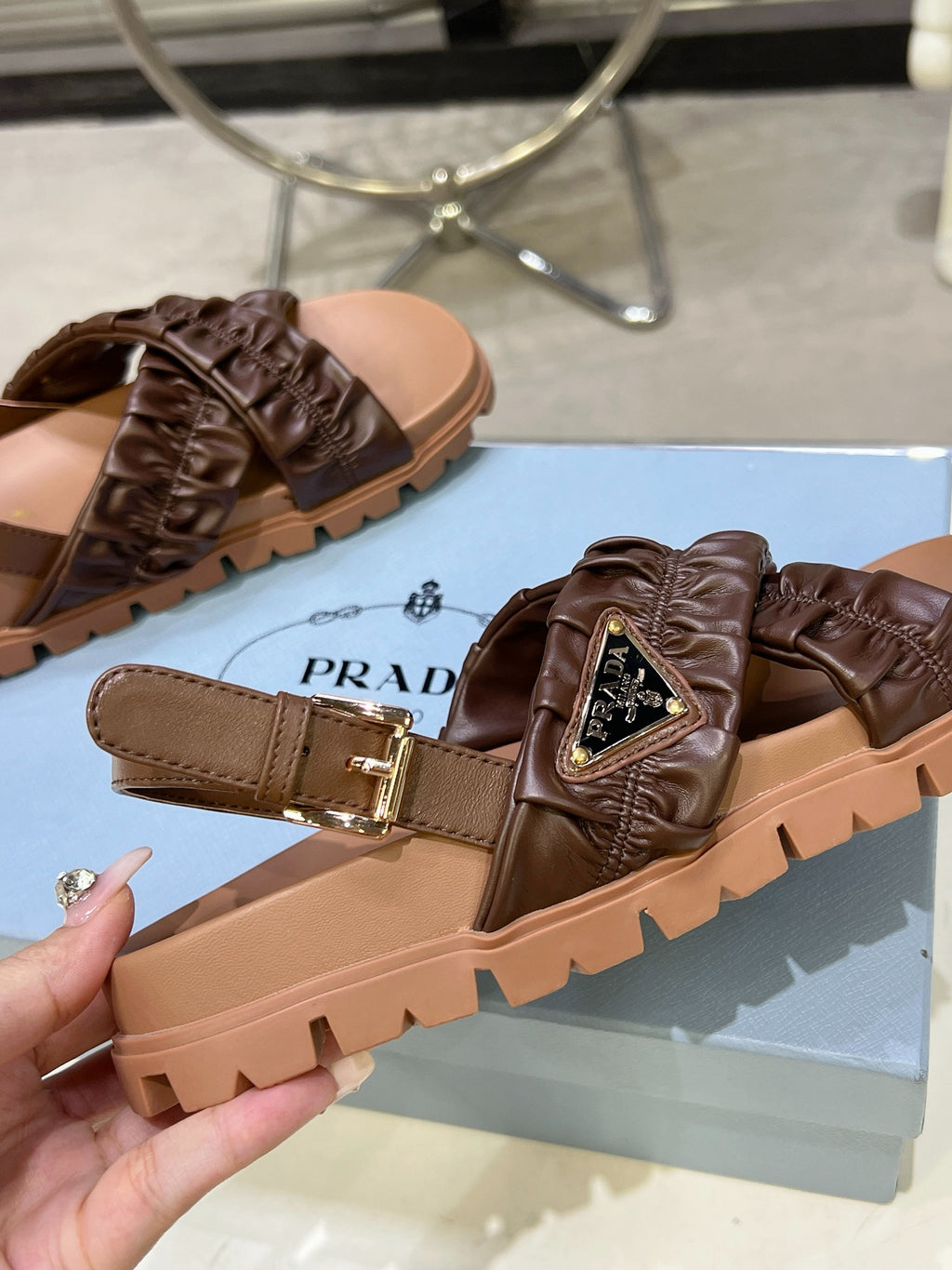 Women Dark Brown Ruched Cross Strap Platform Sandals Triangle Gold Logo Adjustable Ankle Buckle Casual Shoes