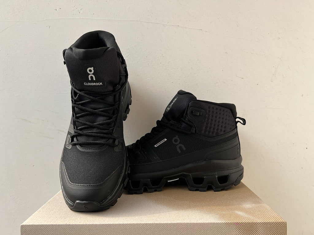 On Cloudrock Mid Waterproof Hiking Boots in All Black / Triple Black