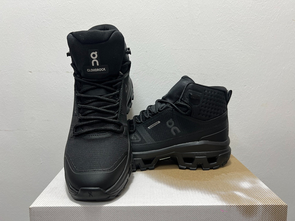 On Cloudrock Mid Waterproof Hiking Boots in All Black / Triple Black