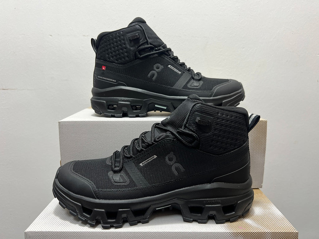 On Cloudrock Mid Waterproof Hiking Boots in All Black / Triple Black