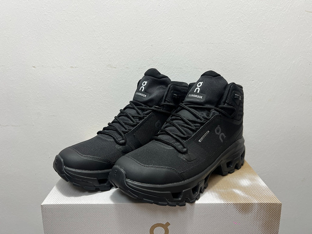 On Cloudrock Mid Waterproof Hiking Boots in All Black / Triple Black