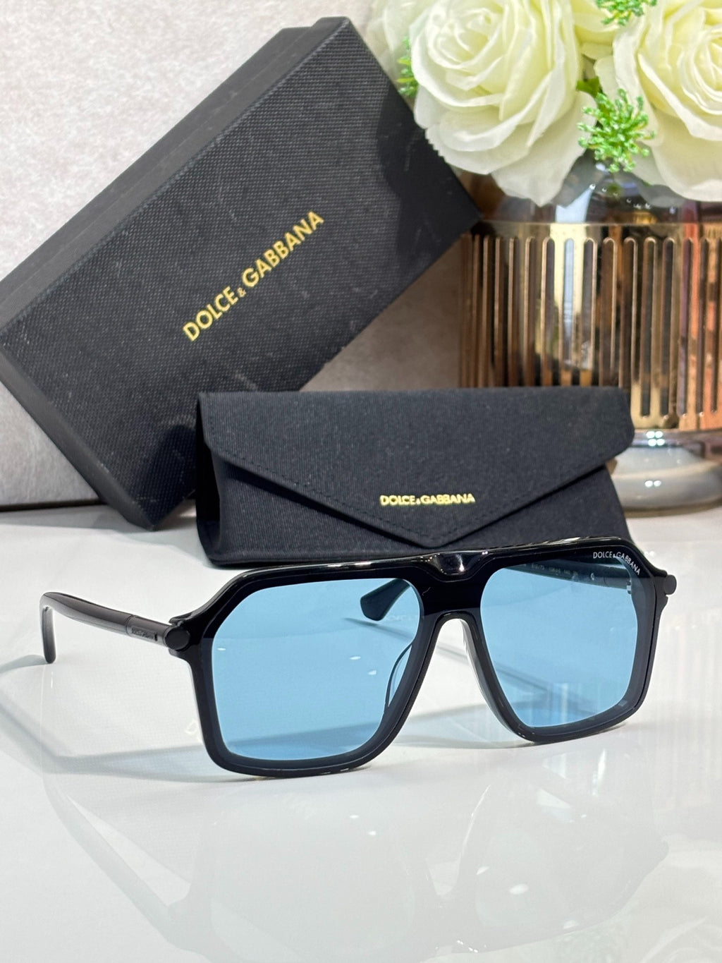Dolce & Gabbana Black Aviator Sunglasses with Yellow Lenses & Gold Accents