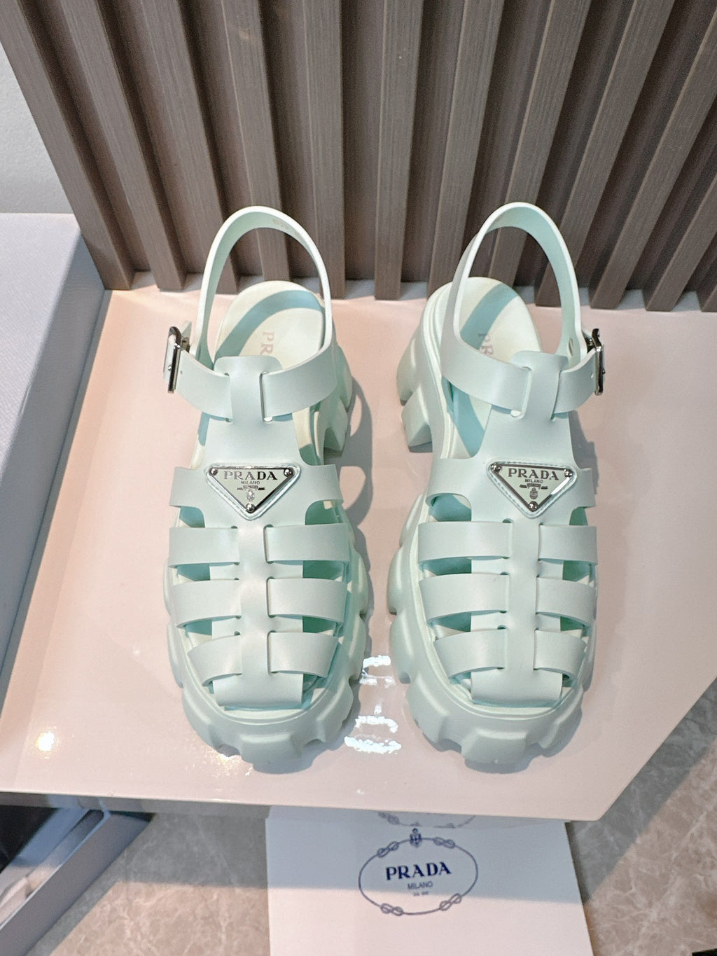 Women Mint Green Platform Roman Fisherman Sandals Triangle Metal Logo Adjustable Ankle Buckle Shoes