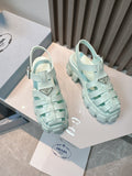Women Mint Green Platform Roman Fisherman Sandals Triangle Metal Logo Adjustable Ankle Buckle Shoes