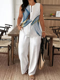 Large Size Women's Summer Full-print Set: a Sleeveless Loose Top Paired with Straight-leg Pants, Creating an Elegant 2pcs Casual Outfit with a Y Style That's Lightweight, Breathable, and Comfortable.