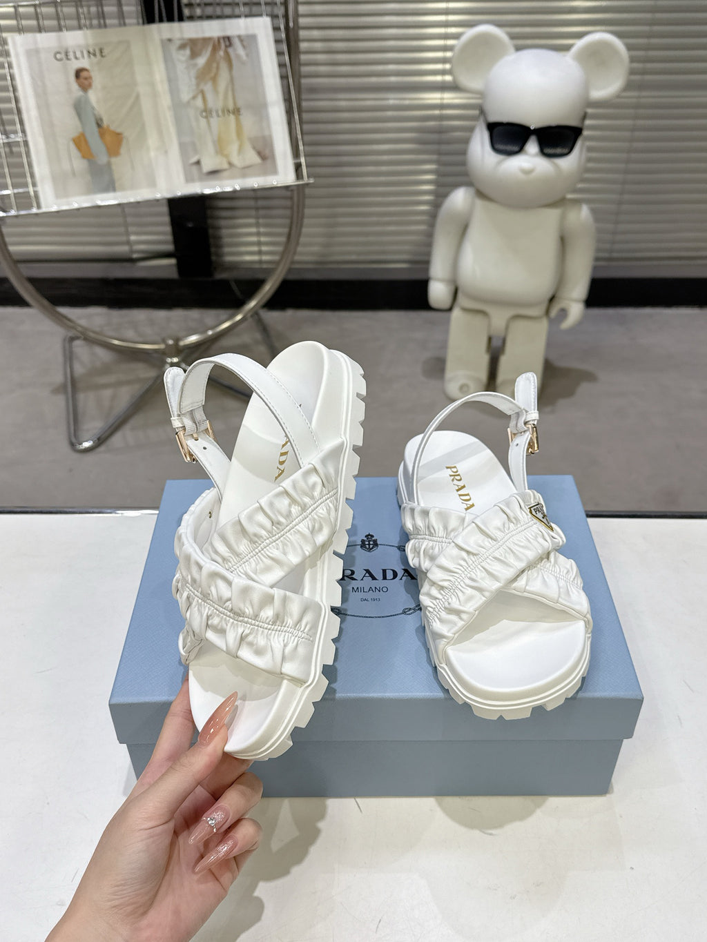 Women White Ruched Cross Strap Platform Sandals Triangle Gold Logo Adjustable Ankle Buckle Casual Summer Shoes