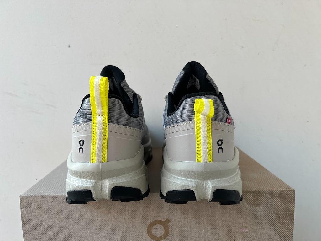 On Cloudrock Low Waterproof Hiking Shoes in Grey / Sand with Yellow Accents