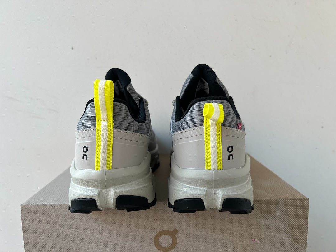 On Cloudrock Low Waterproof Hiking Shoes in Grey / Sand with Yellow Accents