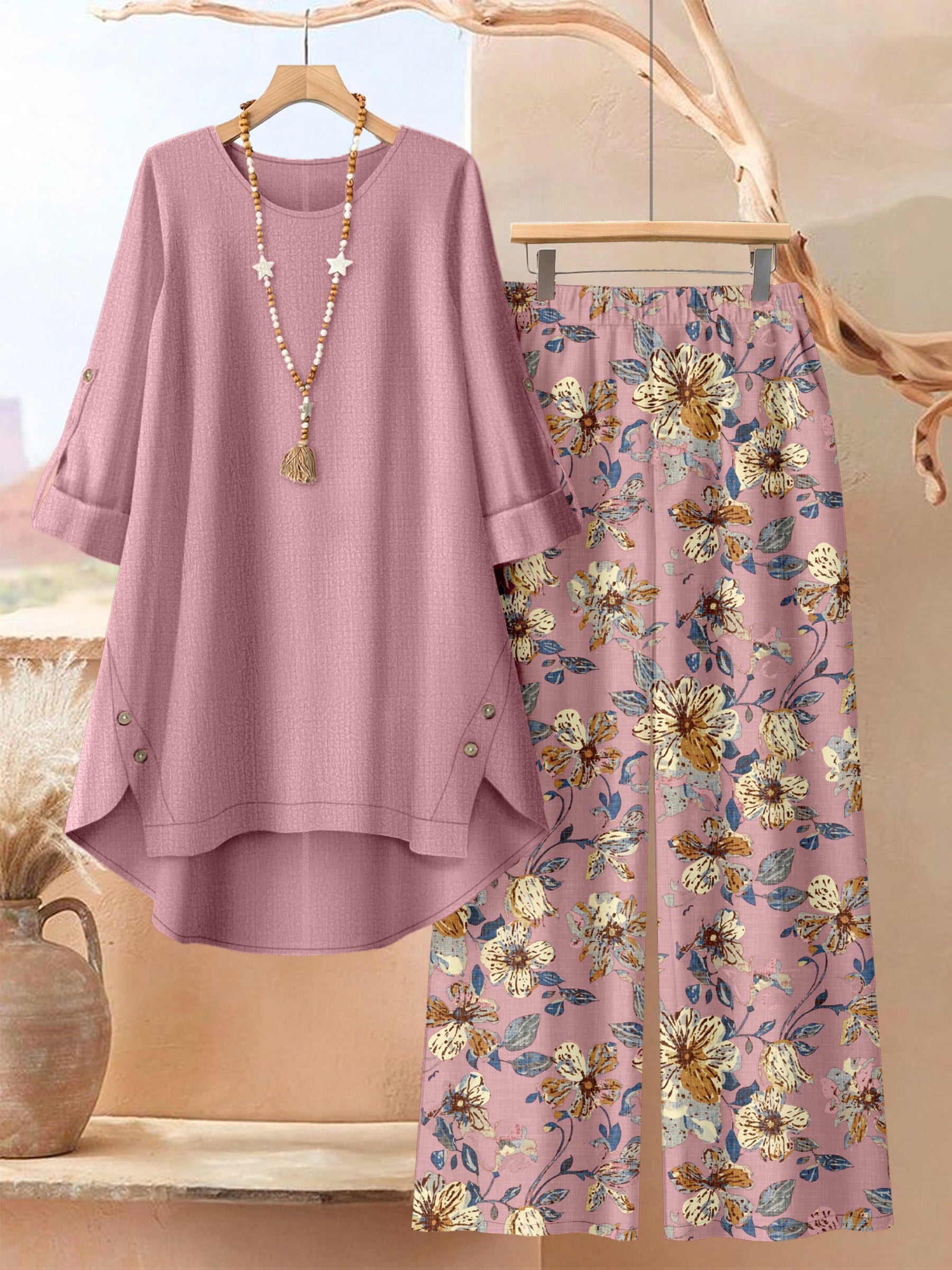 Plus Size - Plus Size - A Two-Piece Set of Oversized Fashionable Women'S Asymmetrical Button Tops Paired with Printed Wide-Leg Pants, Exuding Daily Elegance