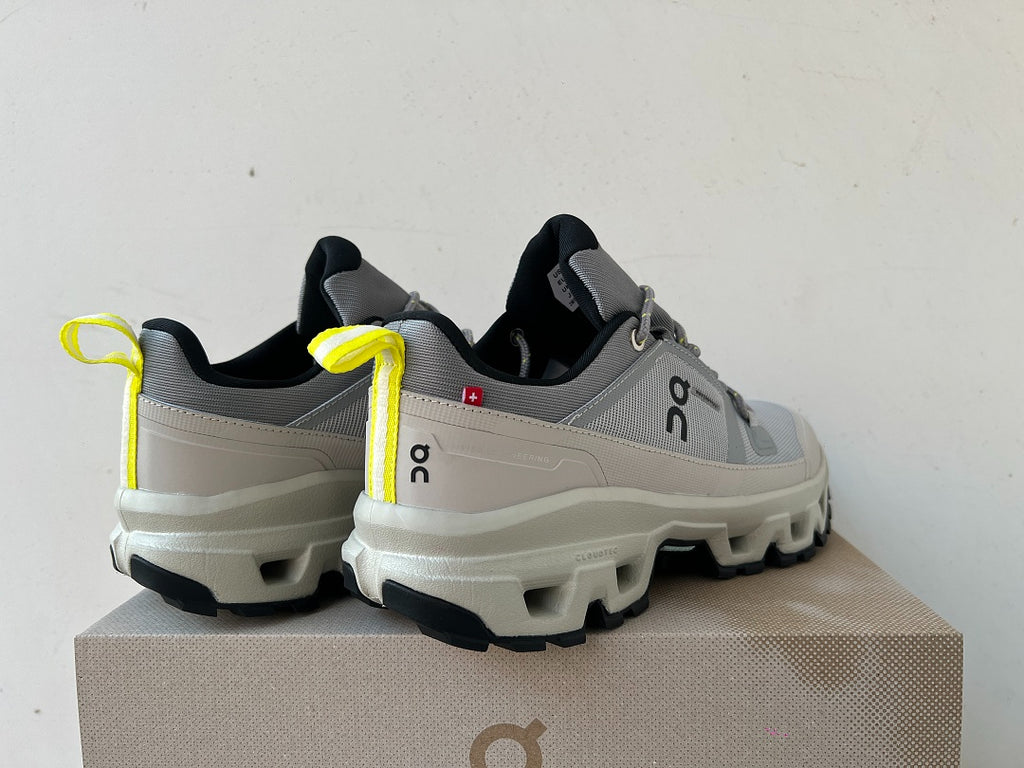 On Cloudrock Low Waterproof Hiking Shoes in Grey / Sand with Yellow Accents