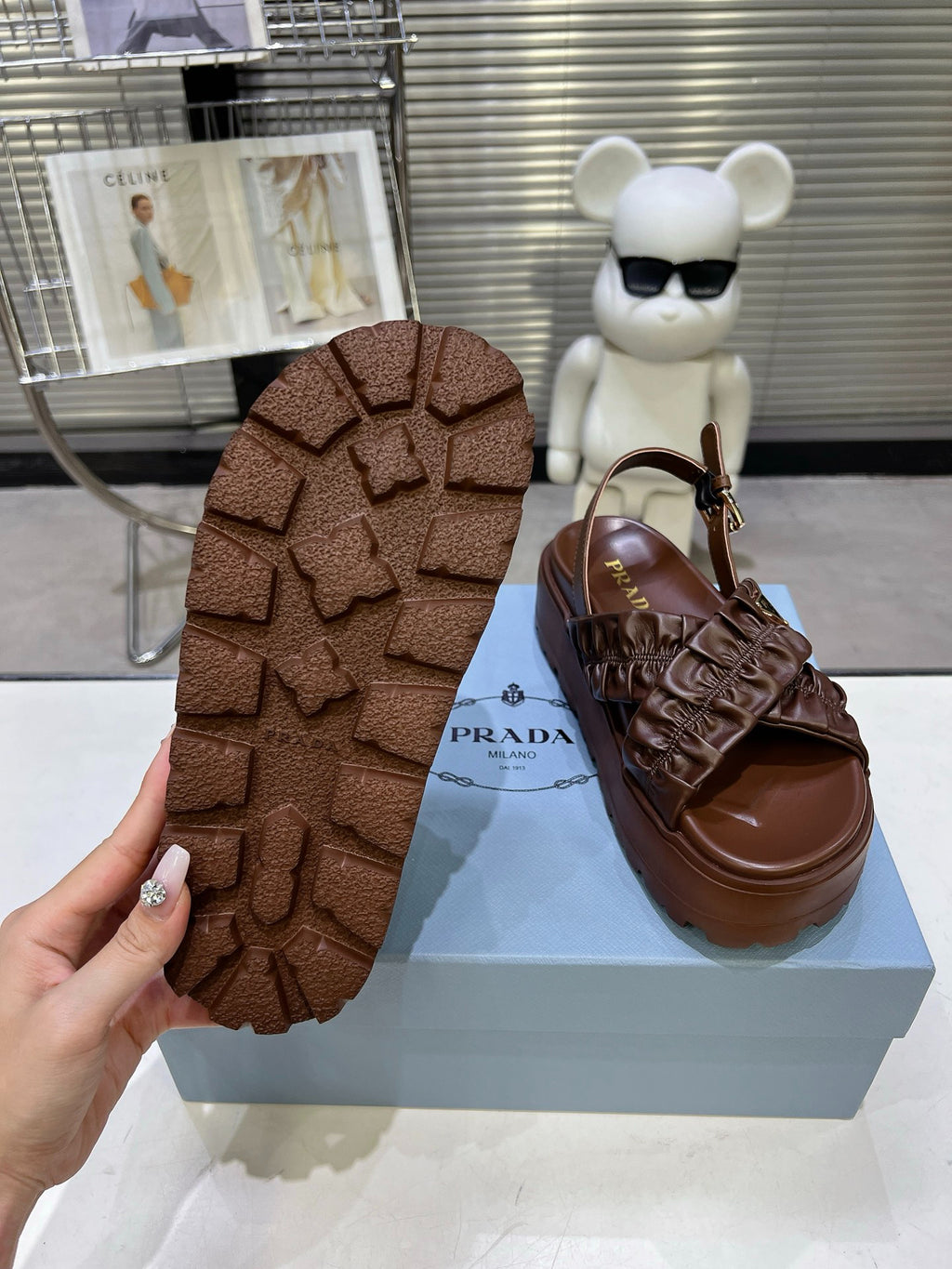 Women Dark Brown Ruched Cross Band Platform Sandals Triangle Gold Logo Adjustable Ankle Buckle Casual Shoes