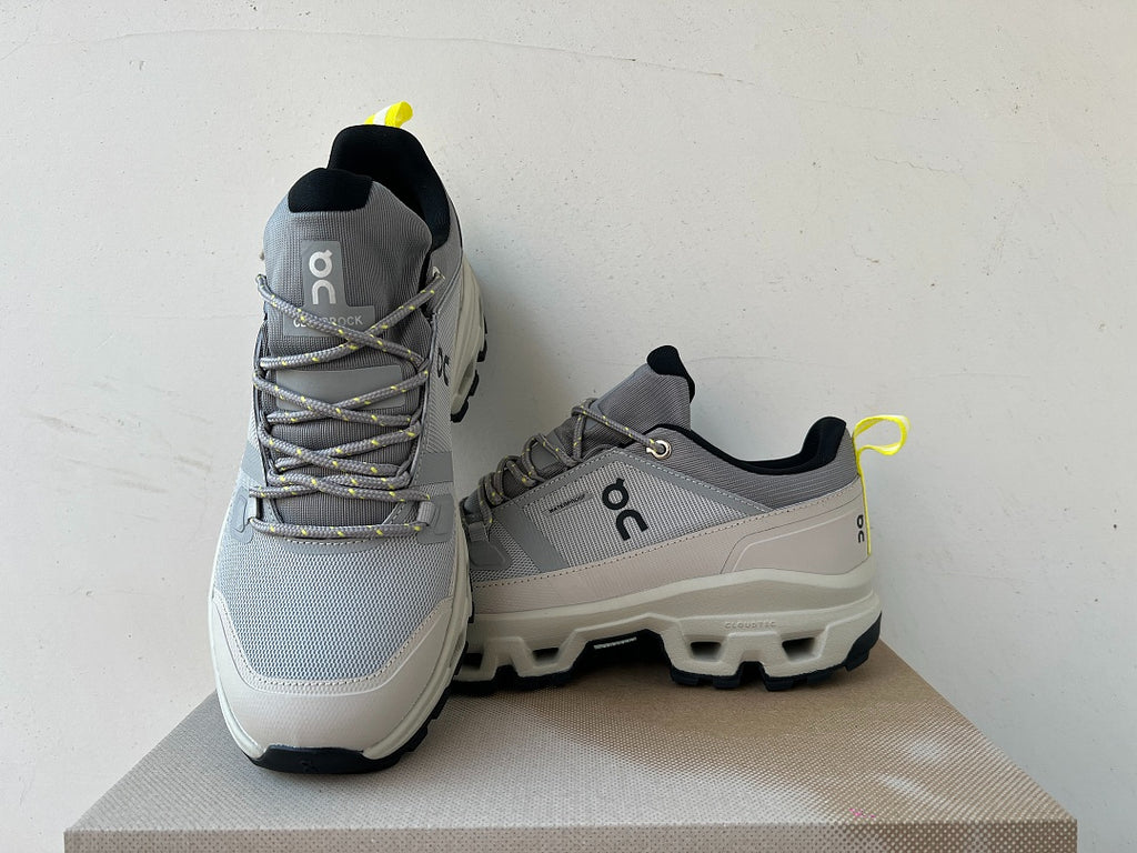 On Cloudrock Low Waterproof Hiking Shoes in Grey / Sand with Yellow Accents
