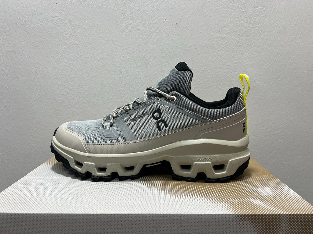 On Cloudrock Low Waterproof Hiking Shoes in Grey / Sand with Yellow Accents