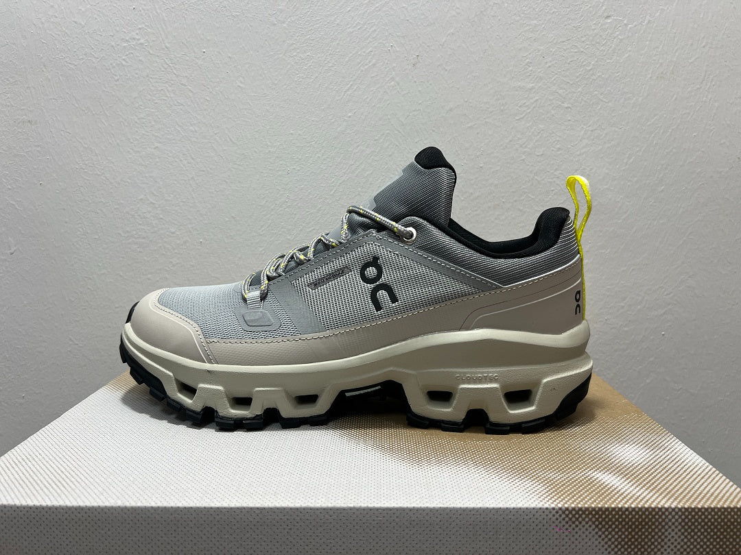 On Cloudrock Low Waterproof Hiking Shoes in Grey / Sand with Yellow Accents