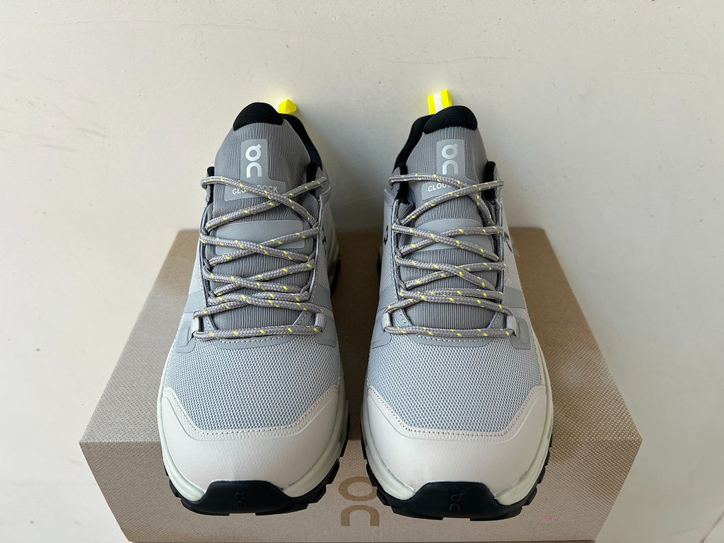 On Cloudrock Low Waterproof Hiking Shoes in Grey / Sand with Yellow Accents
