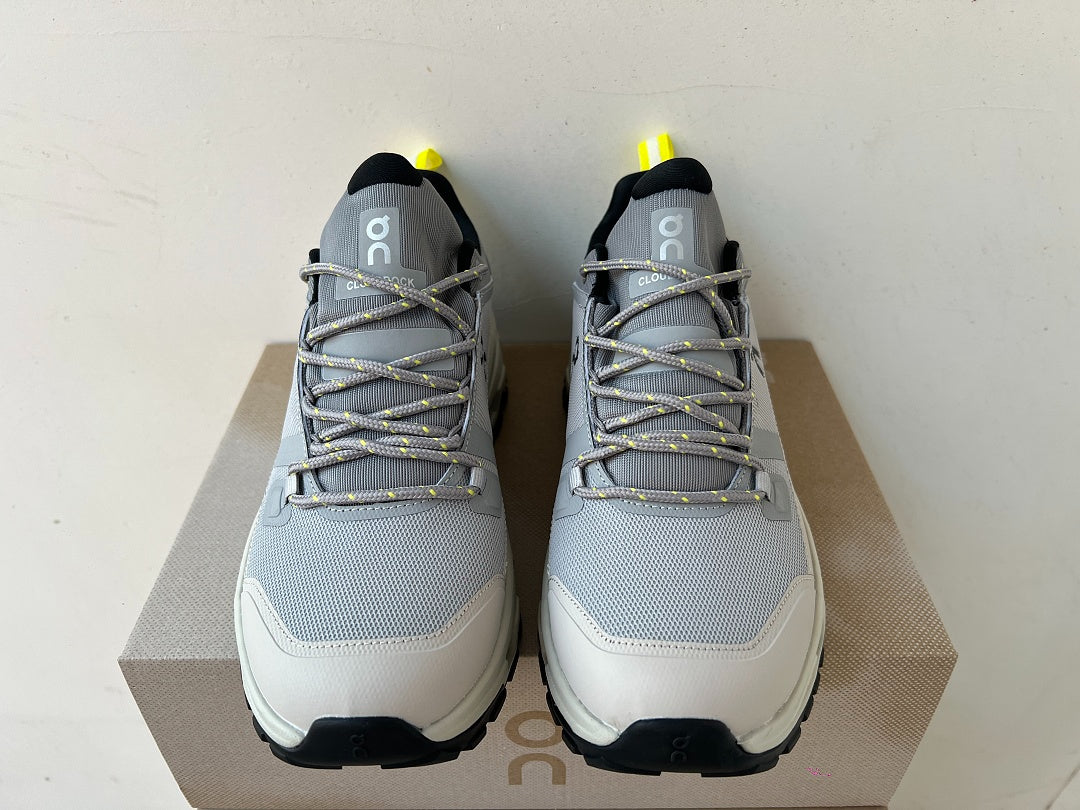 On Cloudrock Low Waterproof Hiking Shoes in Grey / Sand with Yellow Accents