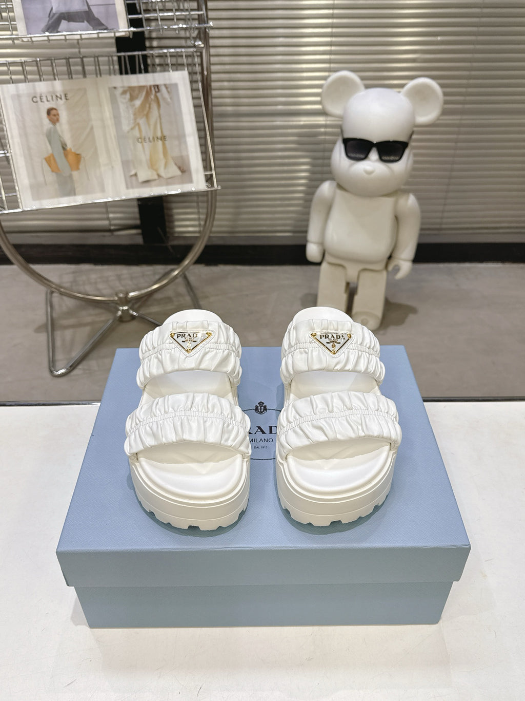 Women White Ruched Two Band Platform Slides Triangle Gold Logo Slip On Casual Sandals
