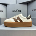 HOGAN White Beige & Brown Thick Gum Platform Casual Sneakers
