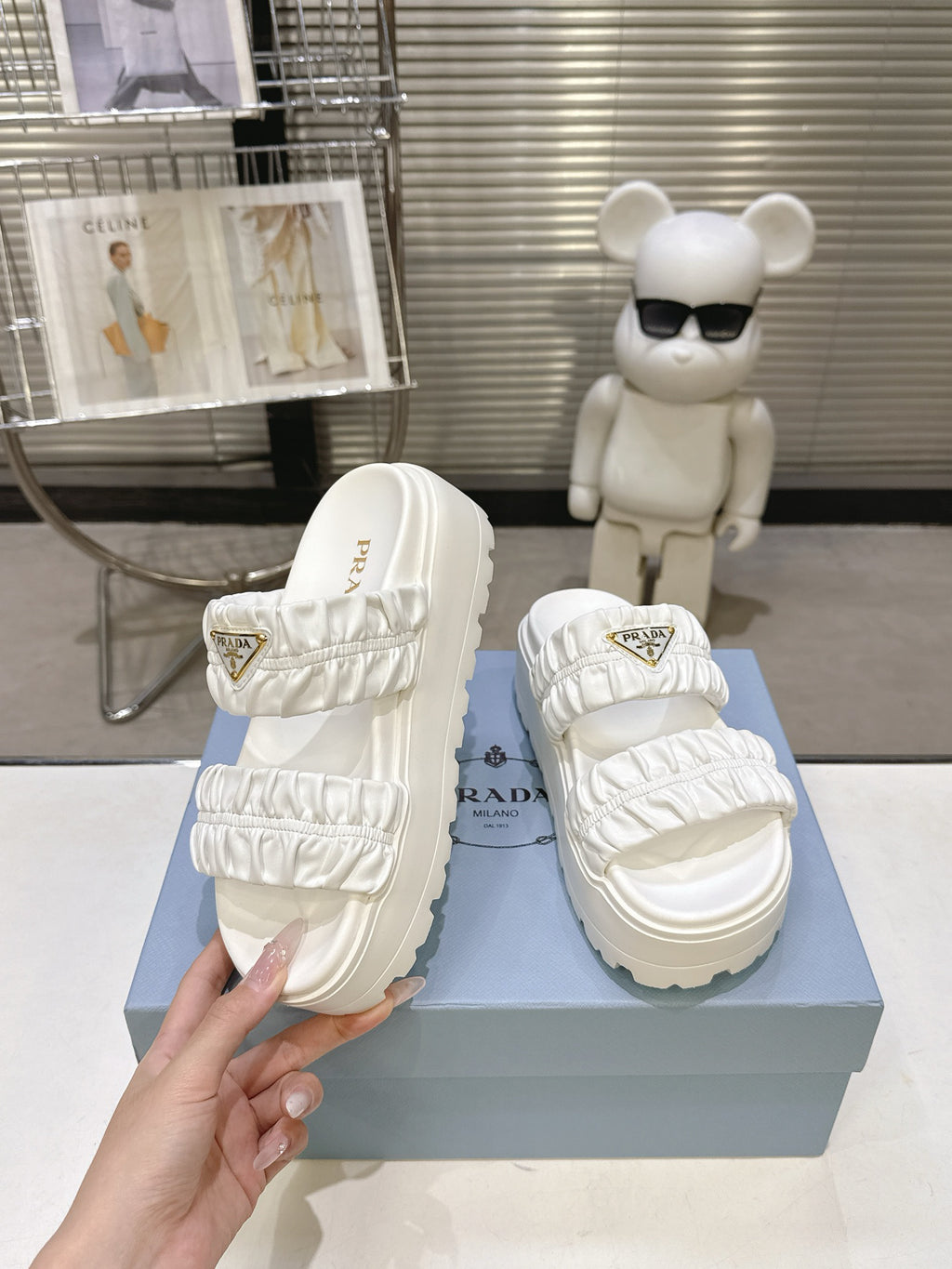 Women White Ruched Two Band Platform Slides Triangle Gold Logo Slip On Casual Sandals