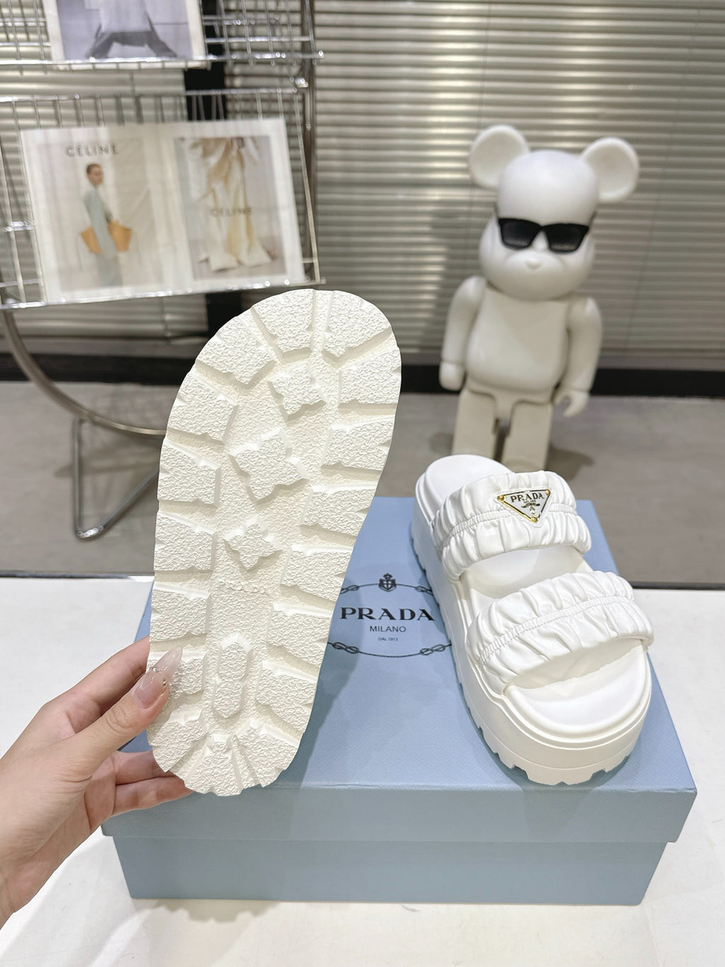 Women White Ruched Two Band Platform Slides Triangle Gold Logo Slip On Casual Sandals