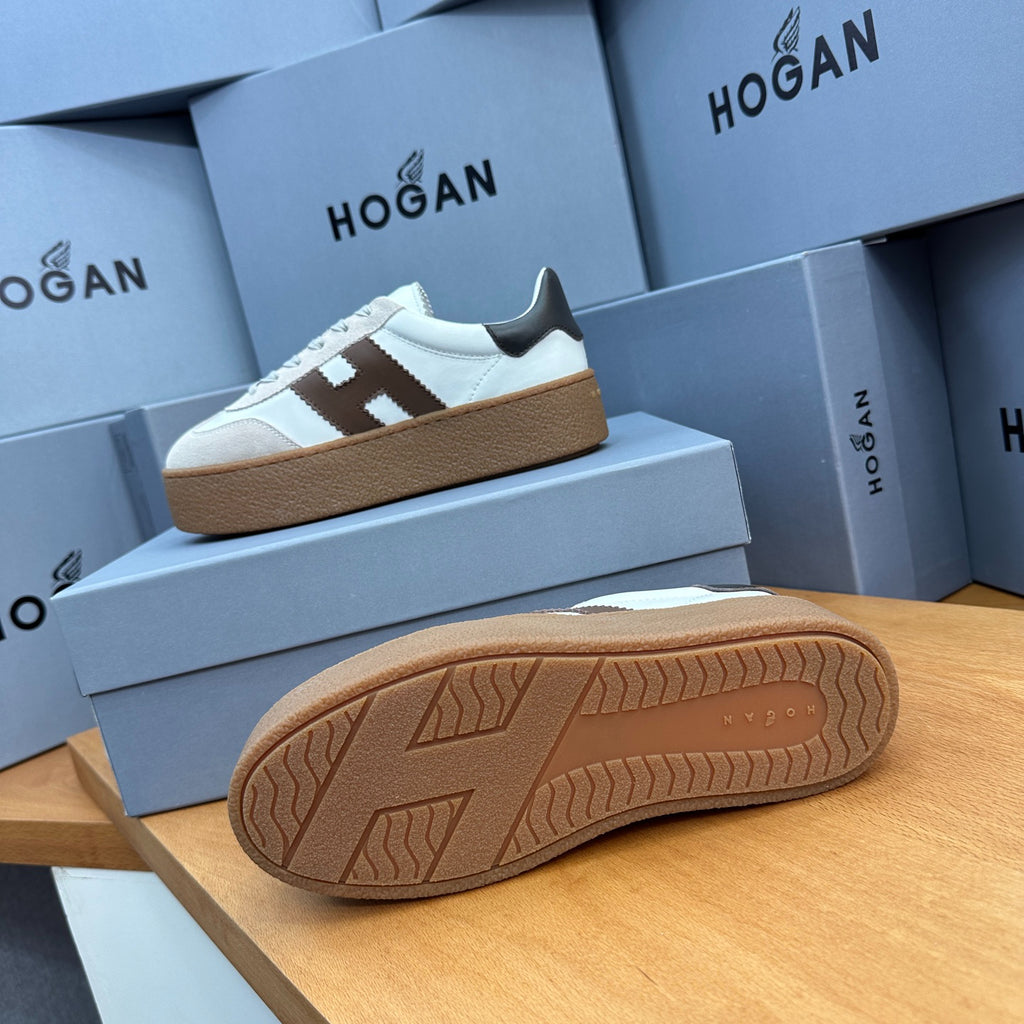 HOGAN White Beige & Brown Thick Gum Platform Casual Sneakers