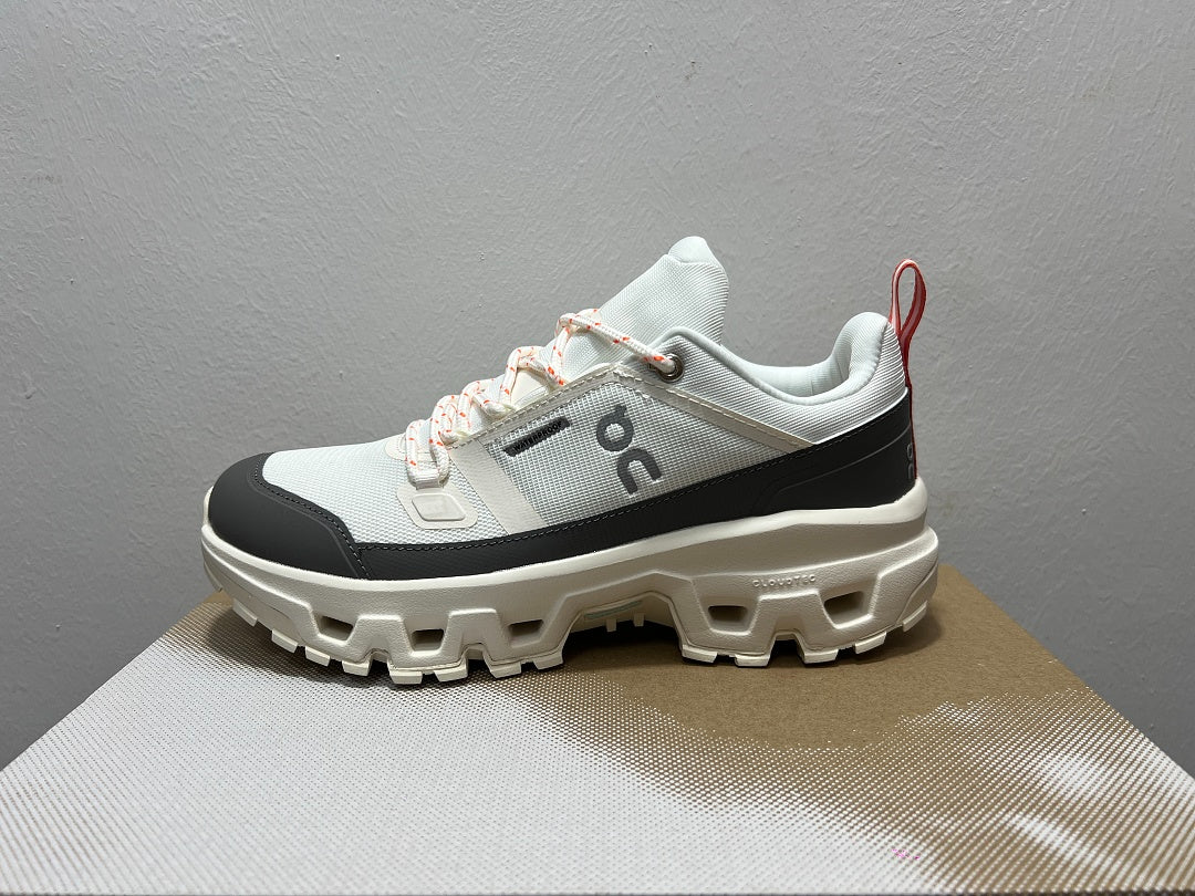 On Cloudrock Low Waterproof Hiking Shoes in White / Grey with Coral Accents