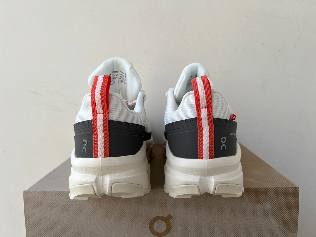 On Cloudrock Low Waterproof Hiking Shoes in White / Grey with Coral Accents
