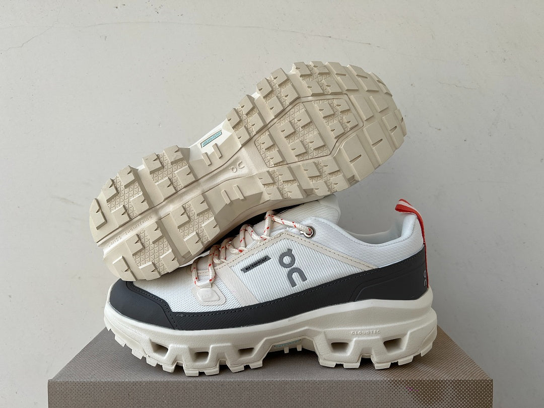 On Cloudrock Low Waterproof Hiking Shoes in White / Grey with Coral Accents