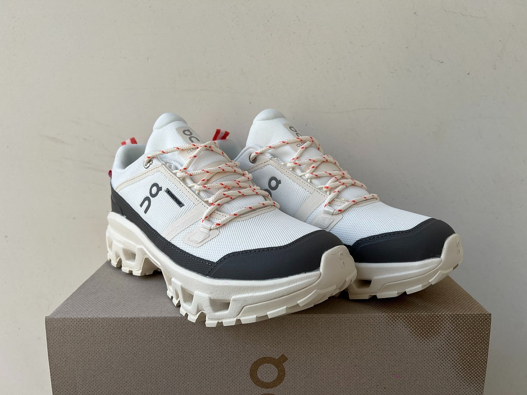 On Cloudrock Low Waterproof Hiking Shoes in White / Grey with Coral Accents
