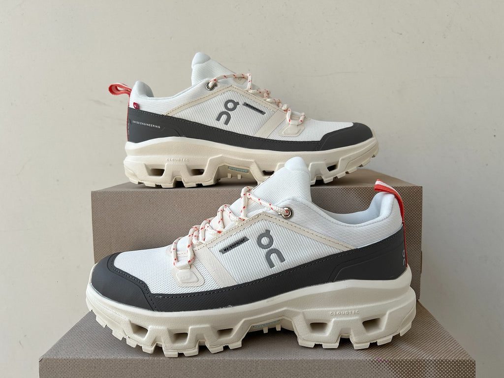 On Cloudrock Low Waterproof Hiking Shoes in White / Grey with Coral Accents