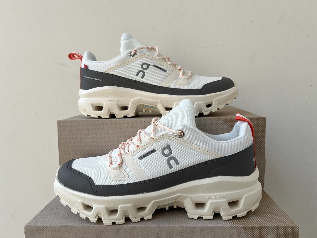On Cloudrock Low Waterproof Hiking Shoes in White / Grey with Coral Accents