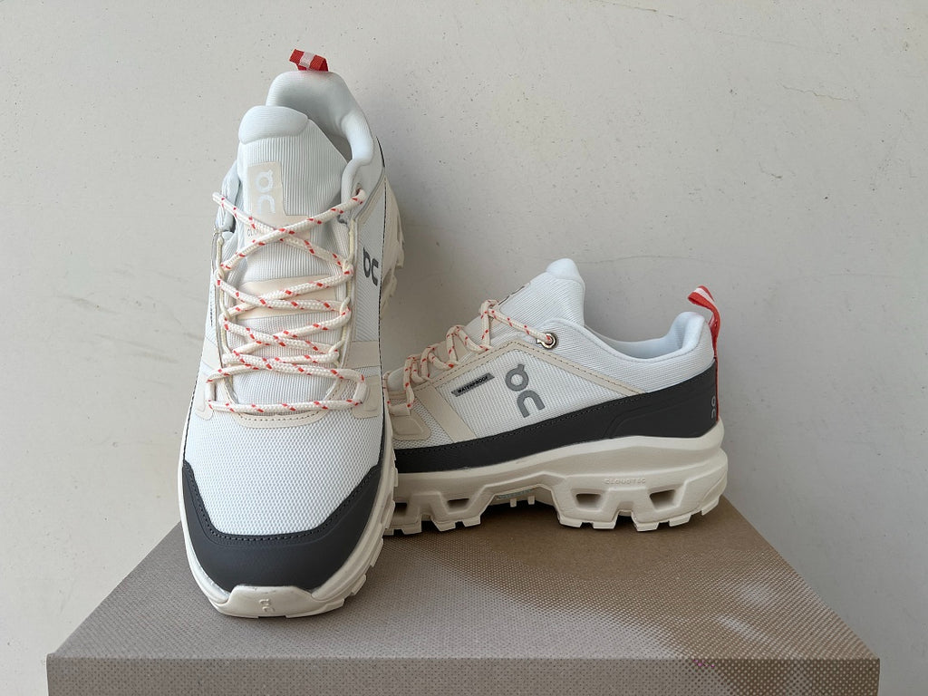 On Cloudrock Low Waterproof Hiking Shoes in White / Grey with Coral Accents