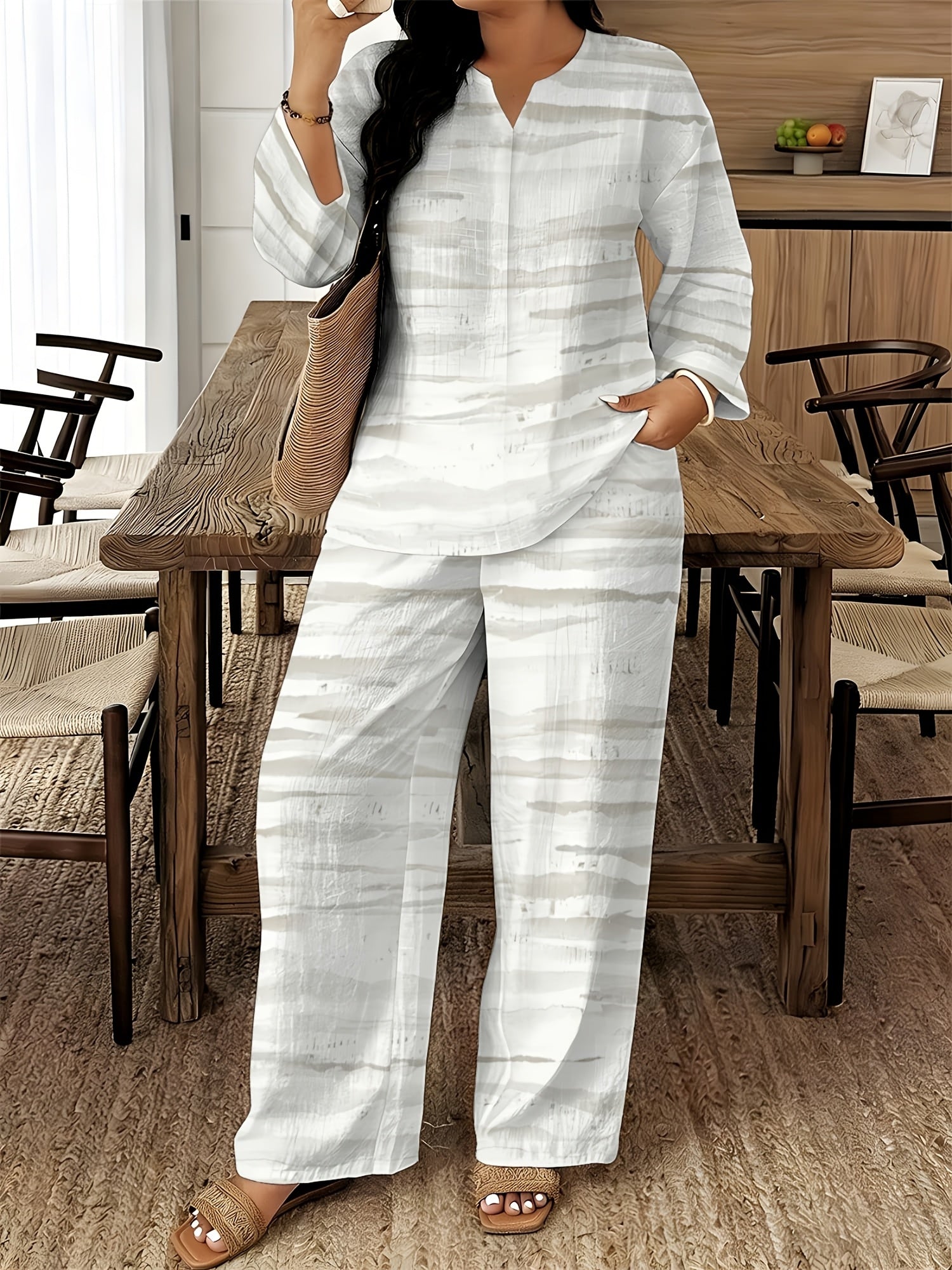 2pcs-Women's Pointed Collar Long Sleeve Pants Set-Pointed Collar Top with Same Color Elastic Waist Straight Leg Pants Solid Color Capable Work Suit Soft Breathable Machine Washable Formal Meeting Daily Outing S-XXL 0227-1