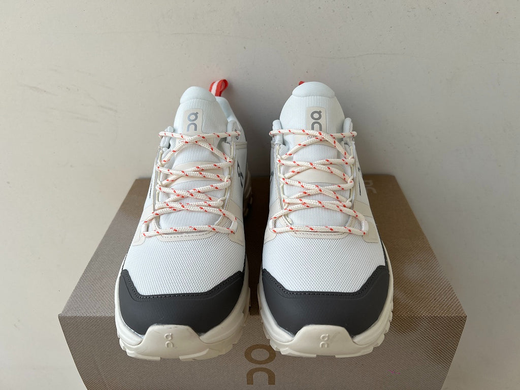 On Cloudrock Low Waterproof Hiking Shoes in White / Grey with Coral Accents