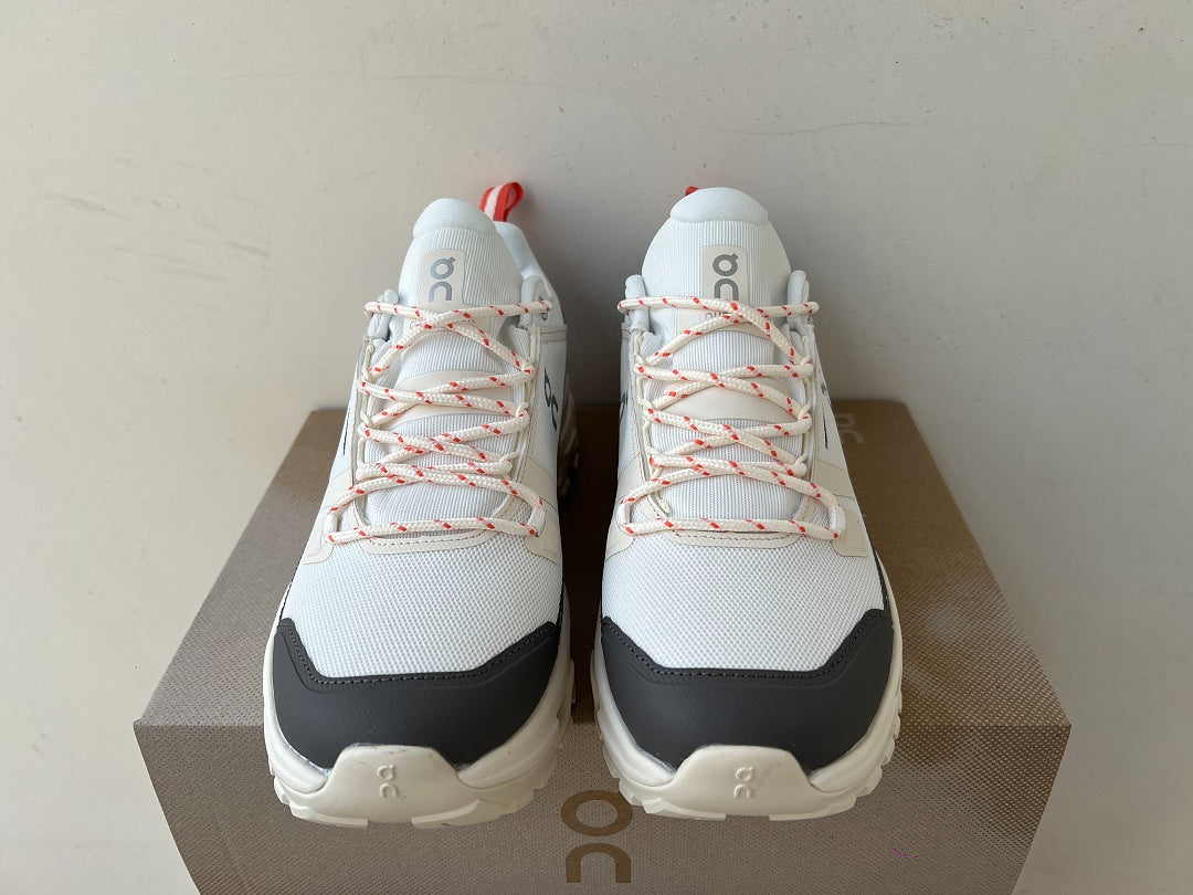 On Cloudrock Low Waterproof Hiking Shoes in White / Grey with Coral Accents