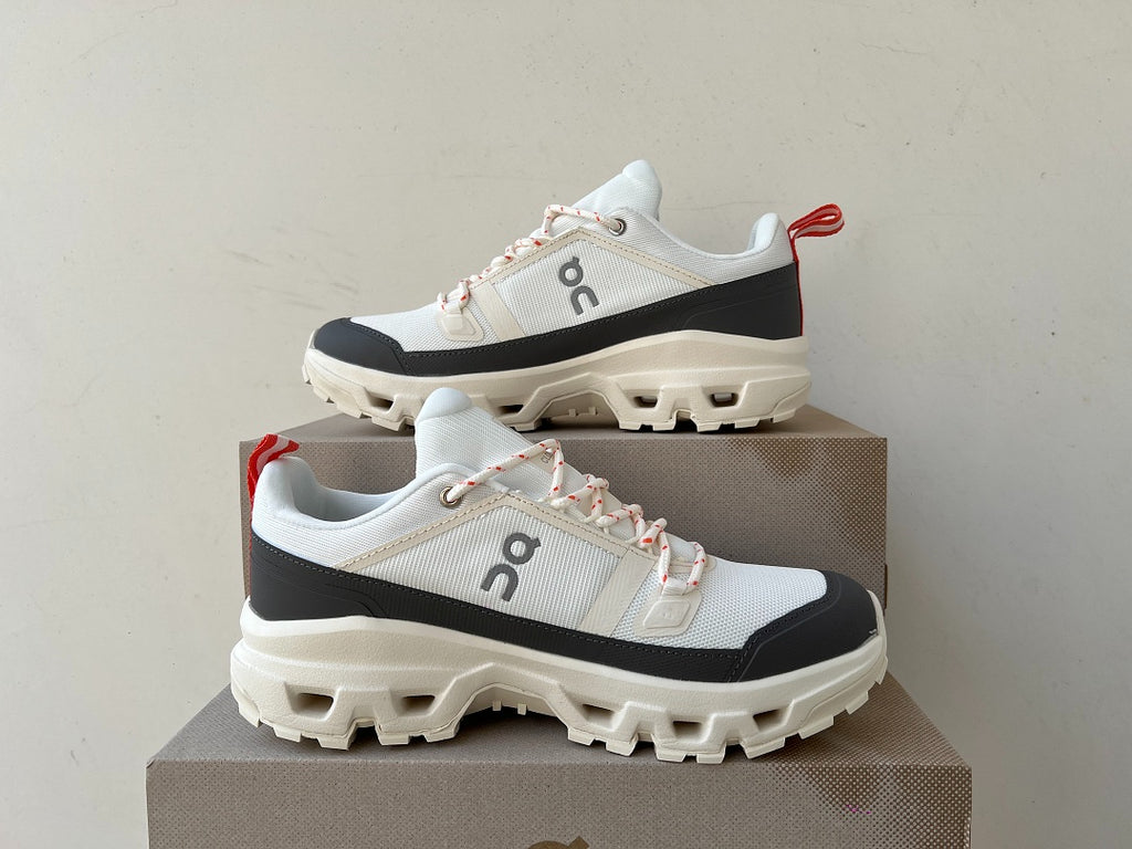 On Cloudrock Low Waterproof Hiking Shoes in White / Grey with Coral Accents