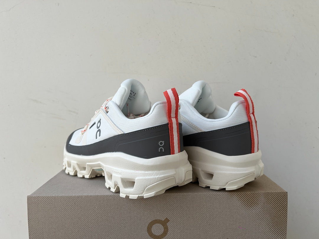 On Cloudrock Low Waterproof Hiking Shoes in White / Grey with Coral Accents