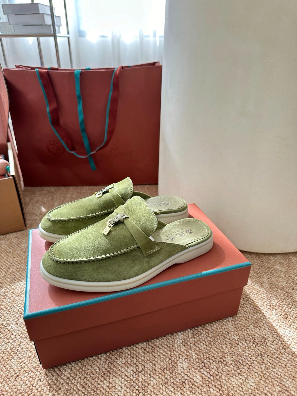 Light Green Suede Slip-On Mules, Loro Piana Style