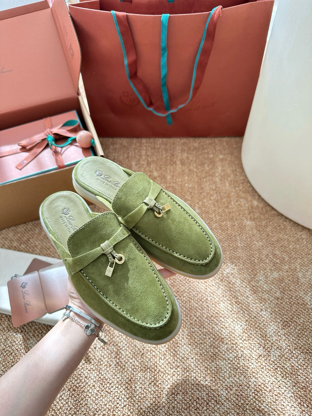 Light Green Suede Slip-On Mules, Loro Piana Style