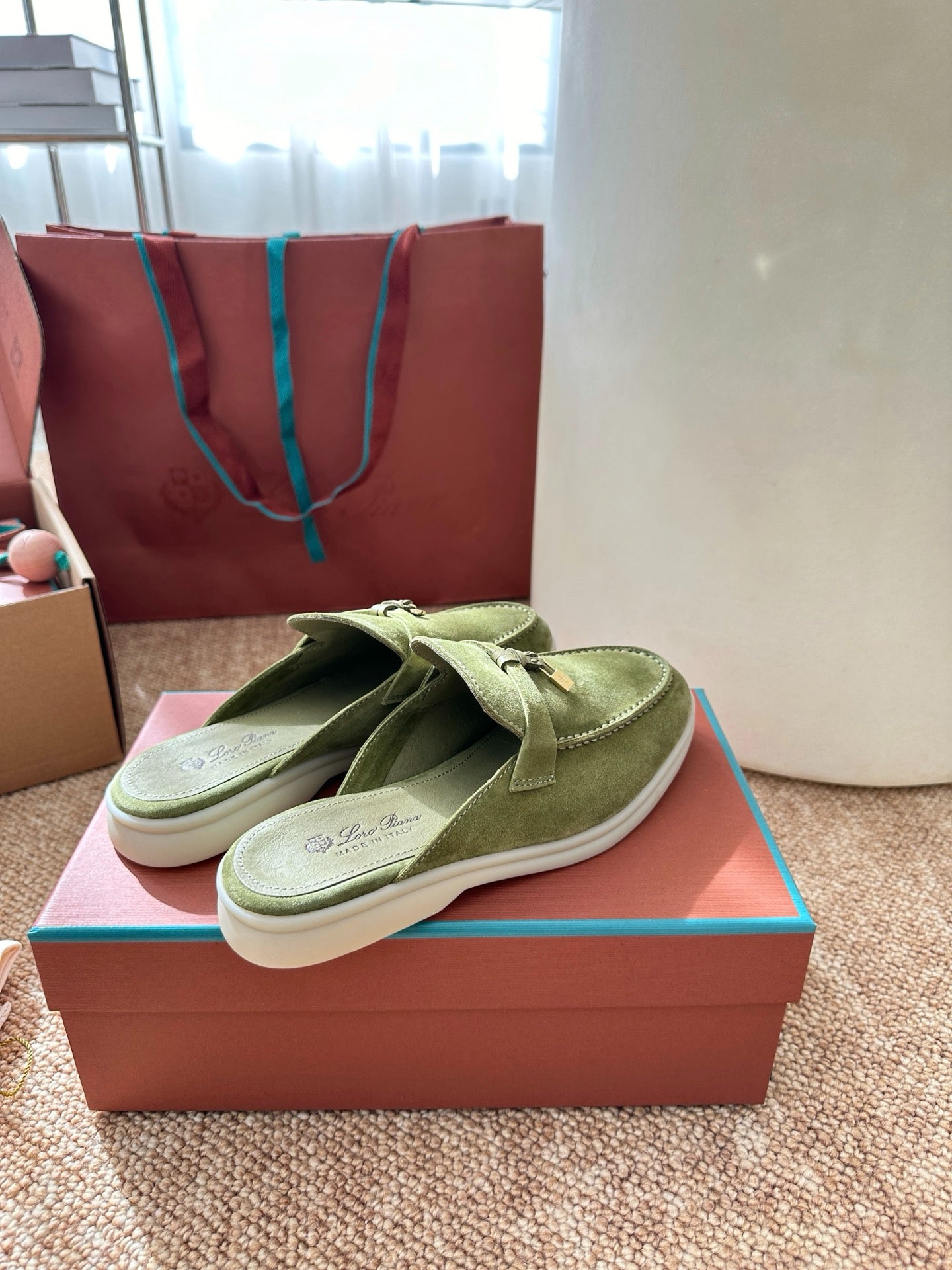 Light Green Suede Slip-On Mules, Loro Piana Style