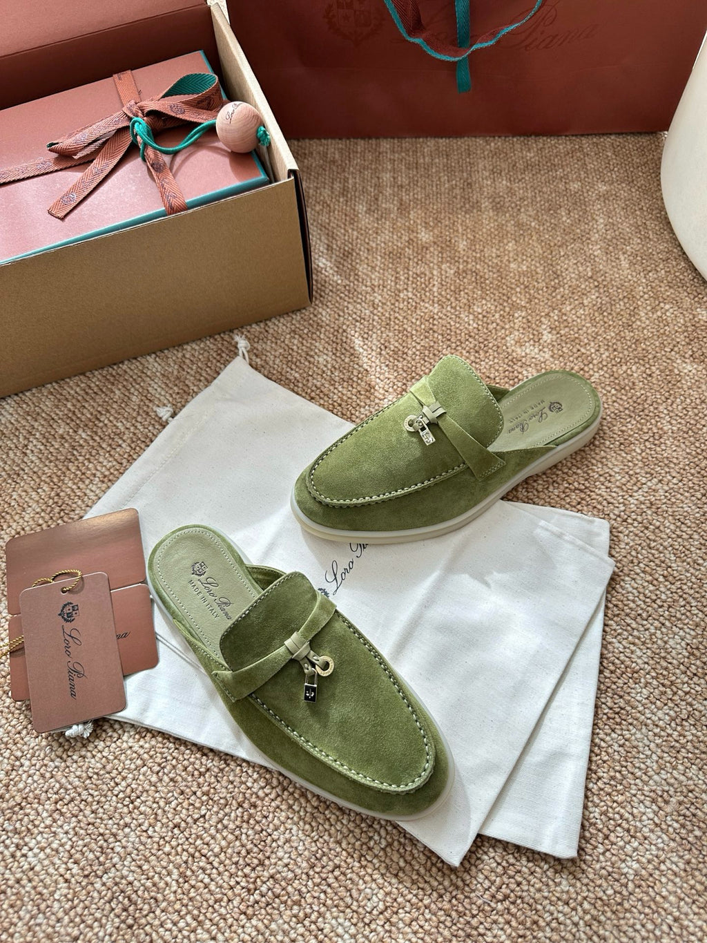 Light Green Suede Slip-On Mules, Loro Piana Style