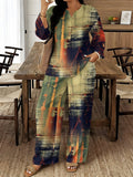 Plus Size - Plus Size - A Two-Piece Outfit for Plus-Size Women Featuring a Long-Sleeved Top with a Pointed Collar And Matching Straight-Leg Pants with a Stretchy Waistband, Made from a Soft And Breathable Material, Perfect for Formal Meetings